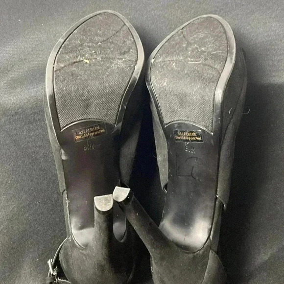 MARC FISHER WO SIZE 8.5 BLACK SUEDE 5” HEEL FRONT PLATFORM HEEL ANKLE STRAPS - Picture 11 of 16